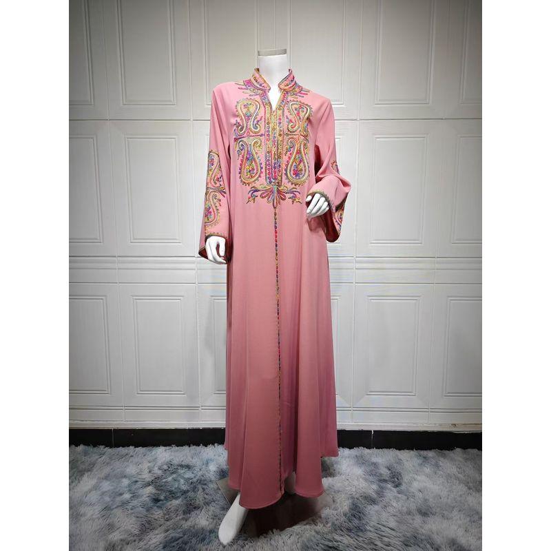 

Middle East Fashion New Arrival Embroider Rope Embroidery Loose Robe Dress Rope Embroidered Robe Dres Pink XL