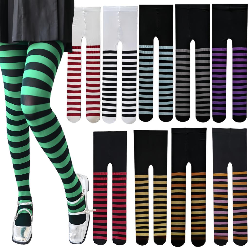 Damen 50D Nylon Blickdichte Strumpfhose mit breiten Streifen, für Erwachsene, Halloween, Horizontale bunte Streifen, Strumpfhose für Cosplay und tägliches Tragen