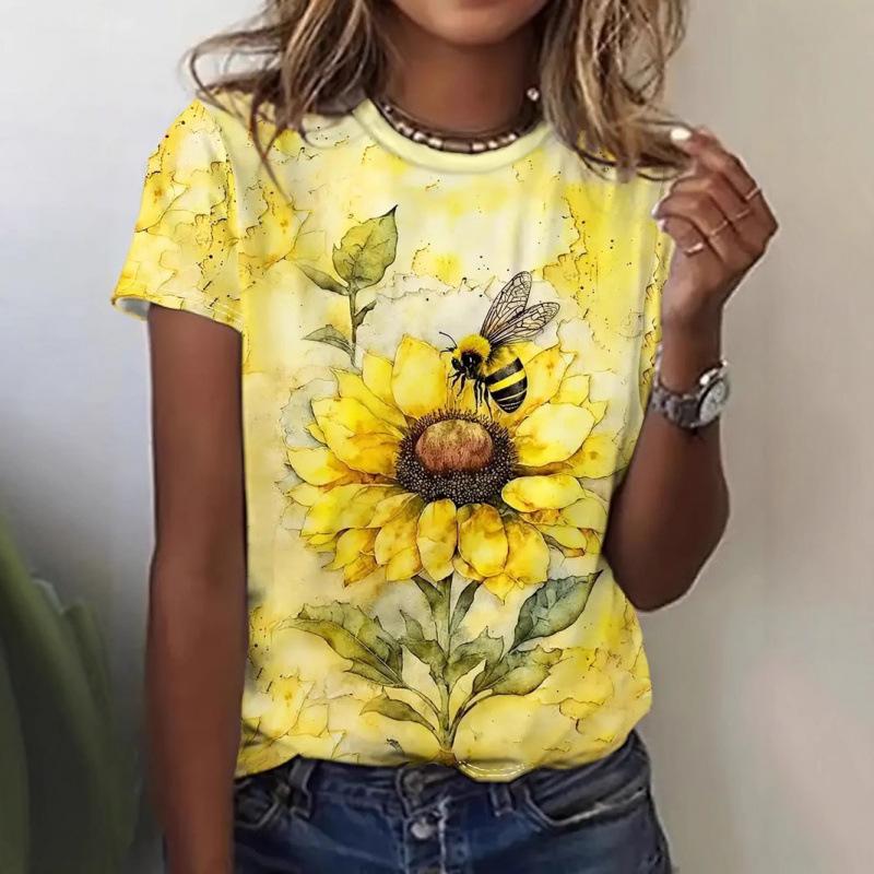 Summer Round Neck 3D Flower Pattern Print Top Fashionable Casual Short Sleeved Women's T-shirts