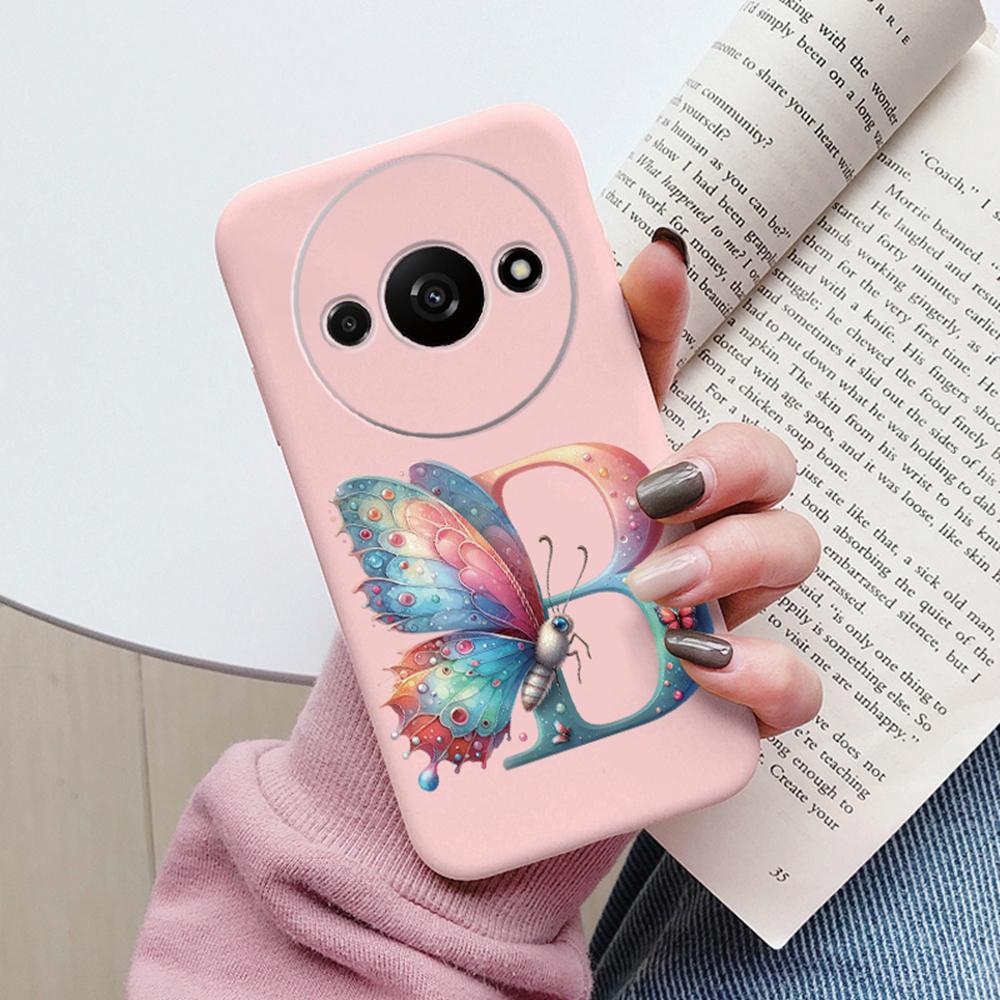 Handyhülle für Xiaomi Redmi A3 4G A3x Rosa Buchstabe Blume Schmetterling Stoßfest Weiches Silikon Cover Kameraschutz TPU Fundas