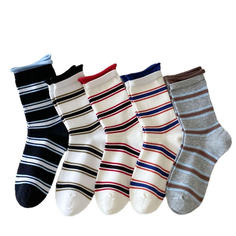 Women's Autumn and Winter Dopamine Striped Mid-calf Socks with Rolled-up and Loose Cuffs, Versatile Pile Socks