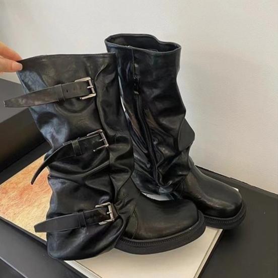 Belt Buckle Sleeve Boots Fashion Round Toe Waterproof Non-slip Block Heel Resistant Mid-leg Boots