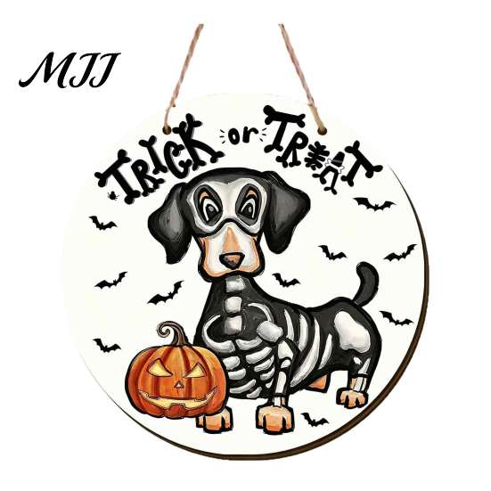 Halloween Party Supplies Dachshund Hanging Sign, Spooky Skeleton Dog Trick or Treat Wooden Lover Gift with Pumpkin Bat Pattern, Holiday Welcome