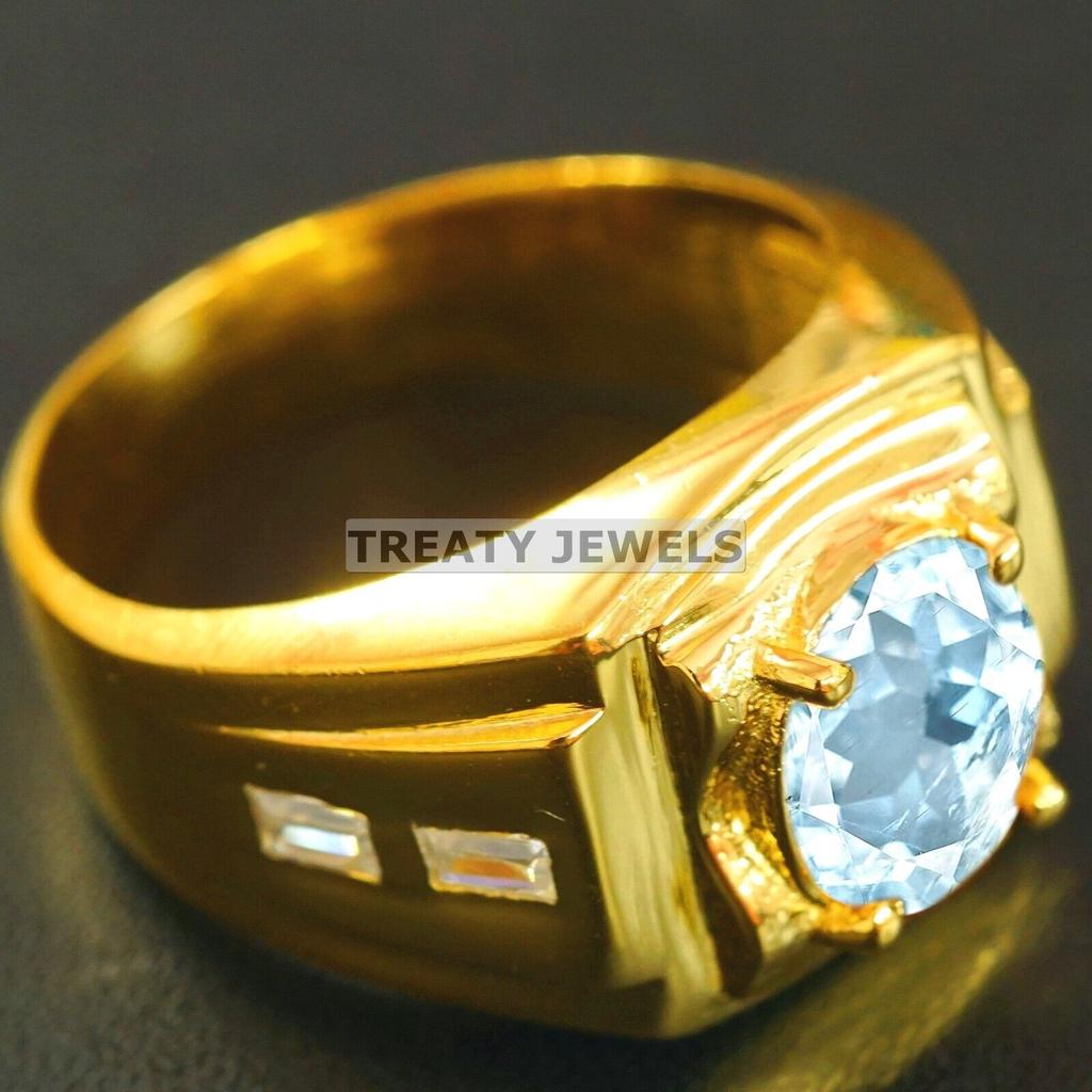 Aquamarine Oval Cut With 925 Sterling Silver Gold Plated Ring For Men's #A736 JL375659042889