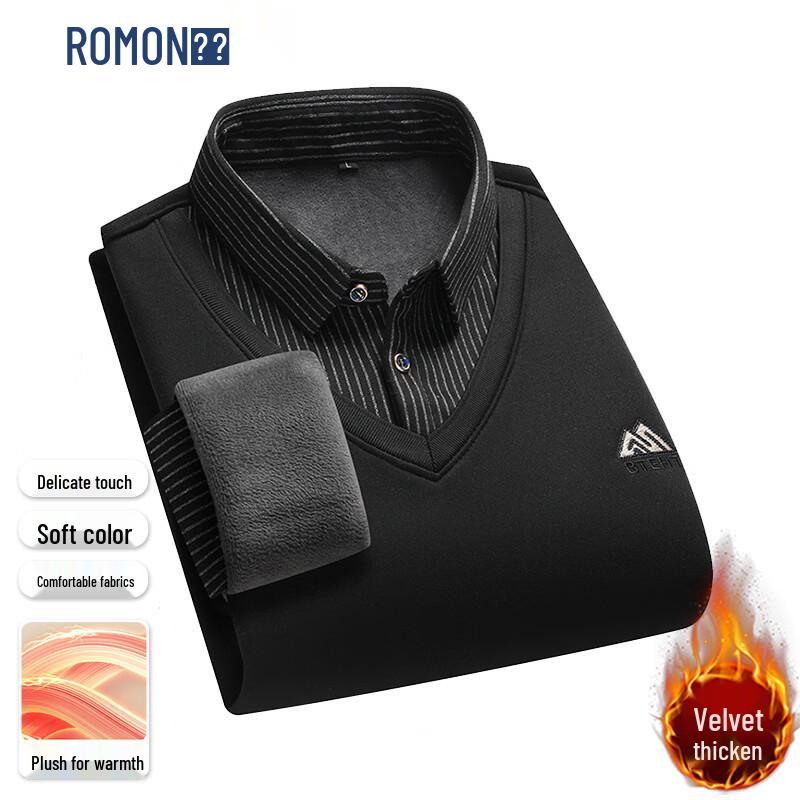 ROMON Men s Plush-Lined Mock Layer Shirt Collar Sweater 2XL