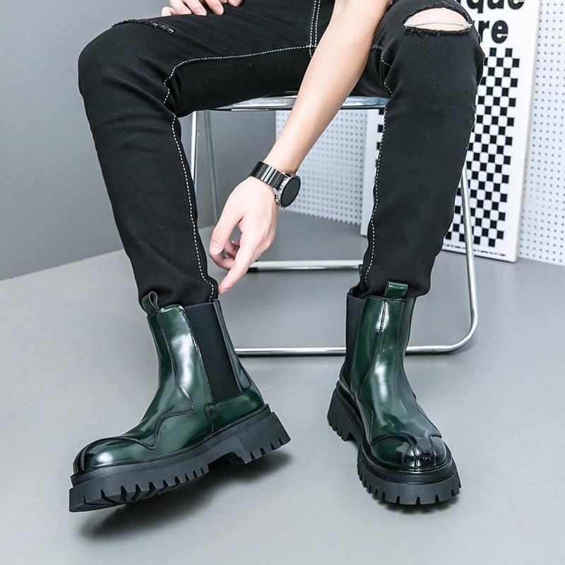 Chelsea Boots Men's High-top Leather Shoes British Style Bright Leather Cigarette Barrel Leather Boots Autumn and Winter Thick-soled Heightening