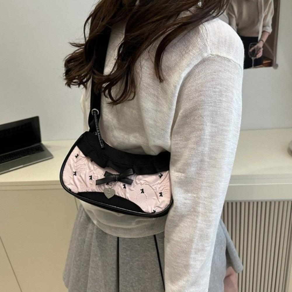 Korean Style Bow Shoulder Bag Pink Crossbody Bag Sweet Underarm Handbag Outdoor