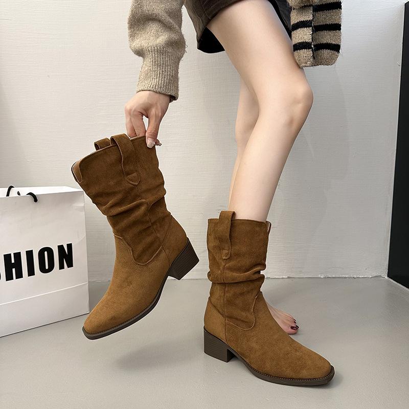 Vintage Suede Khaki Medium and High Boots Western Boots Women's Boots 2025 Early Autumn New Thick Heel Pointed Pile Boots