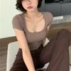 U Neck Knit White Crop Top Ženy Léto Ležérní Tričko Basic Sexy Streetwear Žebra Černá Topy s krátkým rukávem Y2k Slim Dámské tričko