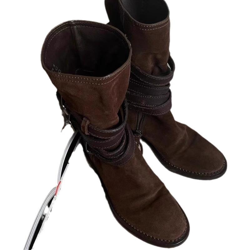 Desert boots new retro straps western cowboy boots women's brown pile boots medium tube knight boots