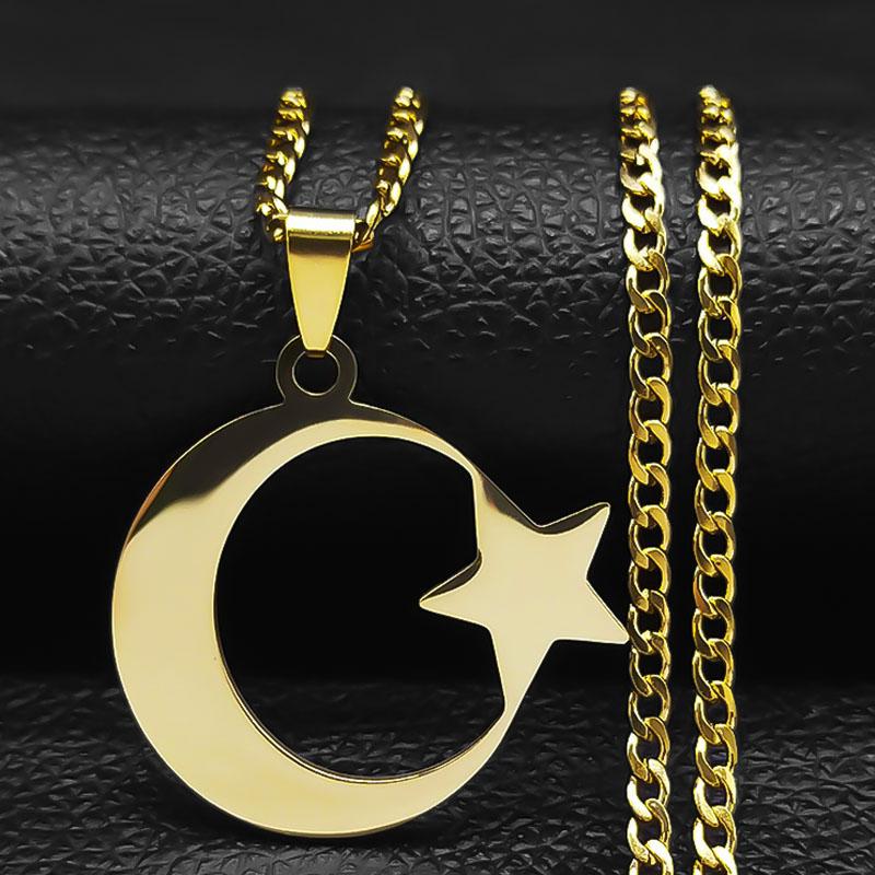 Muslim Islamic Crescent Moon Star Stainless Steel Chain Necklaces for Women Gold Color Pendant Necklace Amulet Jewelry Gift