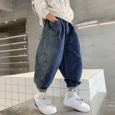 Boys Straight Jeans Letter Patchwork Multi-Pocket Design Washed Distressed Style Teenagers Loose Casual Denim Pants
