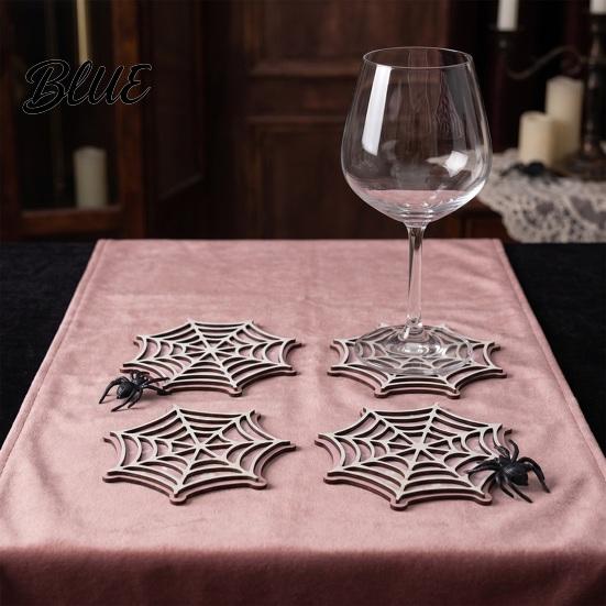 Decorative Mats for Party Halloween Spider Web Wooden Coaster Anti-Slip Wood Cup Mat with Figurine Natural Pine Coasters Thermal Insulated