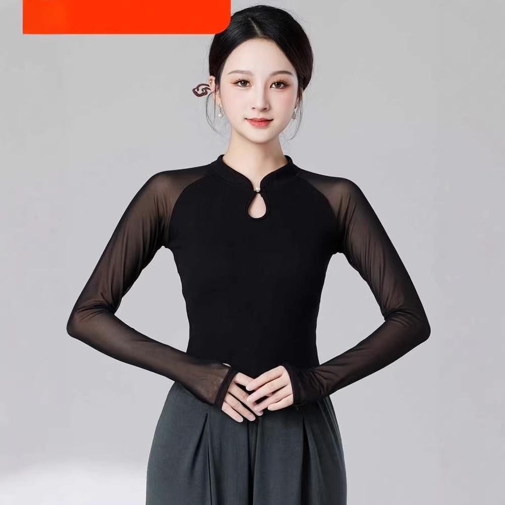 Women's Slim Fit Long Sleeve Stand Collar Dance Top - Versatile, Slimming, Classical Dance Practice Wear