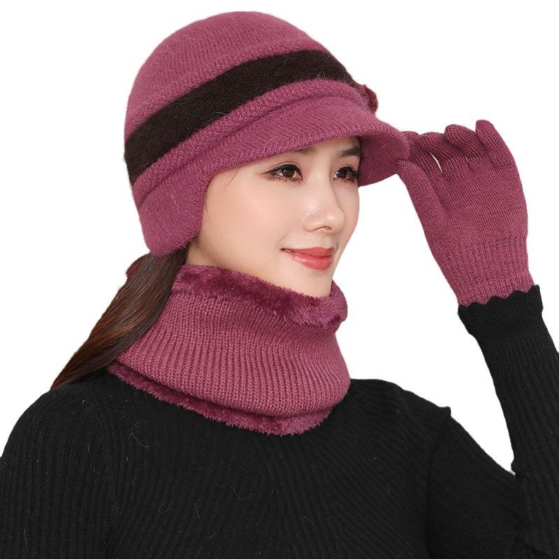 Ladies rabbit fur knitted thermal cap in the elderly grandmother fleece cold wool ear hat fashion mother
