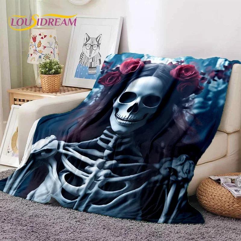 Totenkopf Totes Mädchen 3D Gothic Horror Weiblich Rose Weiche Flanelldecke für Betten Schlafzimmer Sofa Picknick, Überwurfdecke zum Zudecken Freizeit