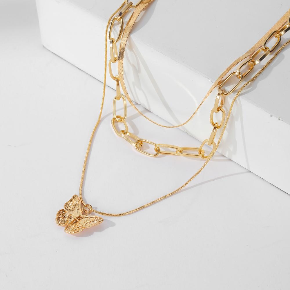 Fashion Butterfly Elegant Pendant Women's Charm Hollowed Out Jewelry Student Necklace Three Piece Set