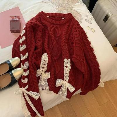 Kadın Sonbahar ve Kış Noel Twist Tie Kazak Tatlı Fiyonk Örgü Üst