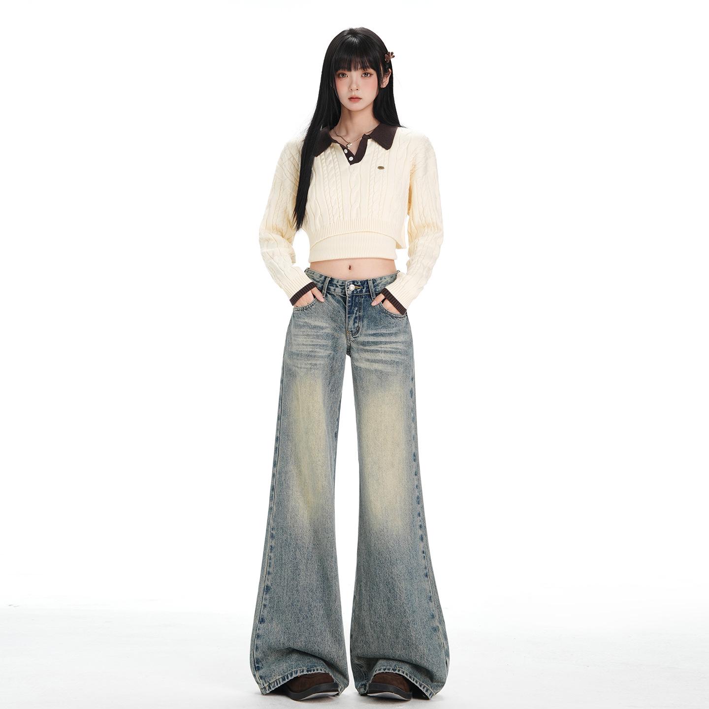

Women s Low Waist Retro Distressed Denim Jeans - Autumn/Winter Wide-Leg, Slimming, Anti-Wrinkle Trend Medium