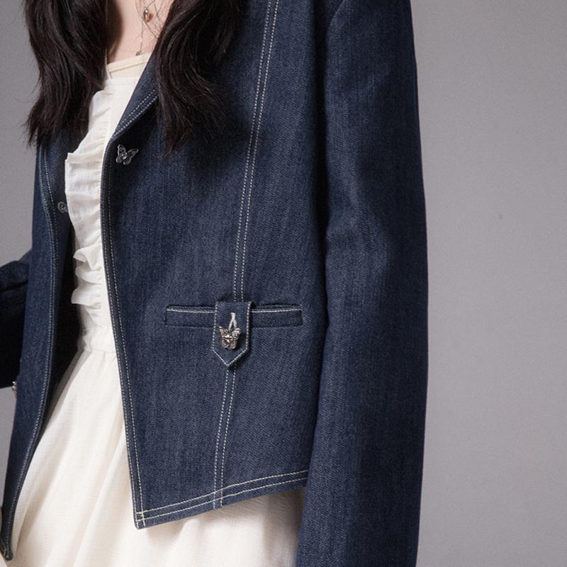 Spring and Autumn Jacket Lines Decorated Blue Denim Jacket Female Spring and Autumn Tops