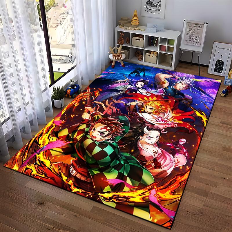 Colorful Anime Carpet Featuring Warriors and Flame Artwork Design Suitable for use as an anti-slip for living room bedroom sofas