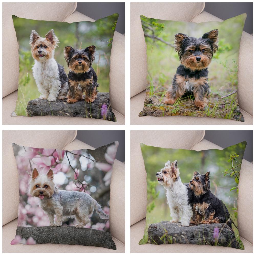 Cute Pet Animal Cushion Cover MINI Yorkshire Dog Polyester Pillowcase Decorative  Print  for Sofa Home Ca