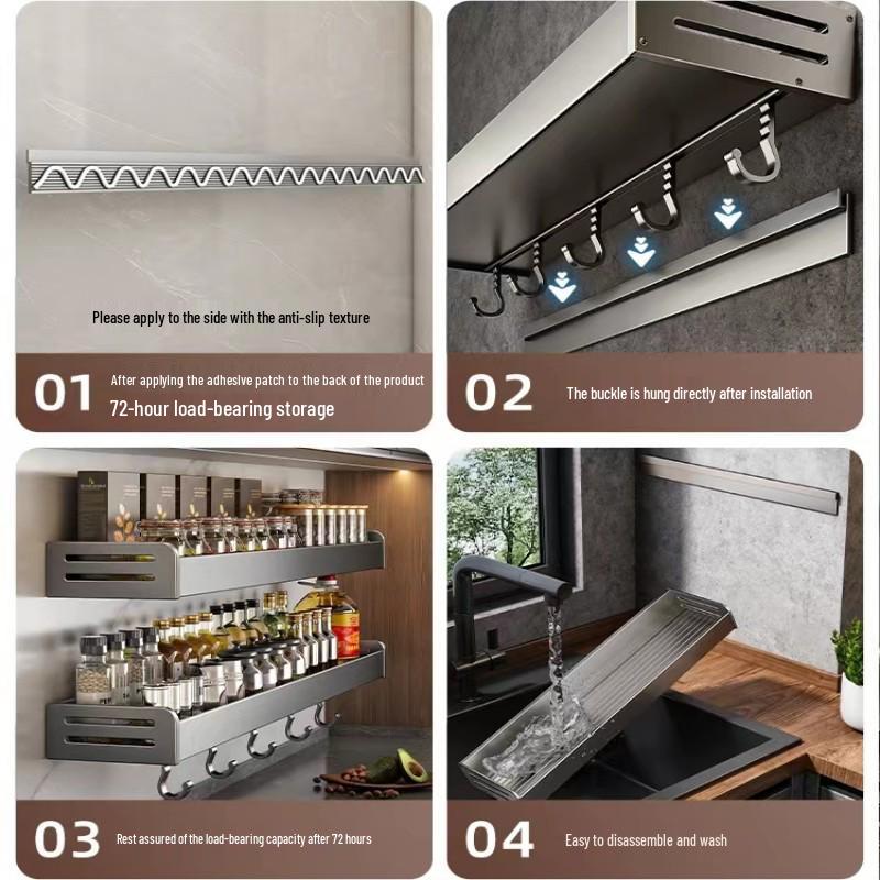 Gunmetal Grey No-Drill Wall-Mounted Kitchen Shelf & Spice Rack