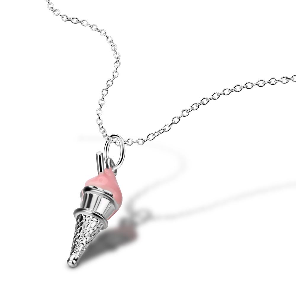 Fashion Cute 100% 925 Silver Jewelry Pink Ice Cream Pendant Necklaces 16-18 Inch Women Girl Charm Fine Choker Gift