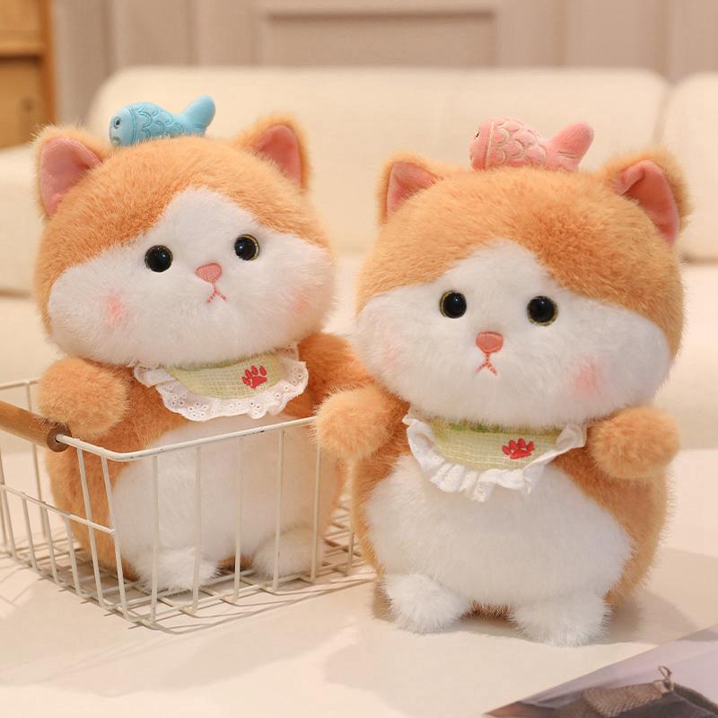 Lovely Cat With Fish Plush Toy Stuffed Fluffy Yellow Cat Kawaii Cat Soft Doll Toys For Children Birthday Gift Room Decor