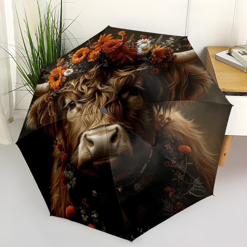 Retro Highland Cow Folding Umbrella Fashion Auto-Open Design 8 Iron Ribs Plastic Handle Foldable Sunshade Perfect Christmas Gift