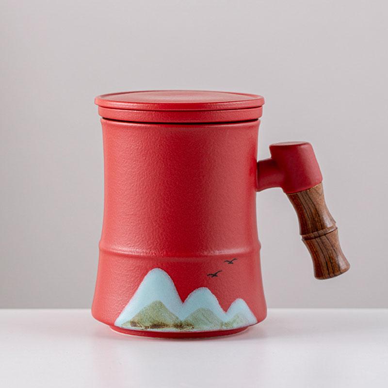 400ml Ceramic Tea Mug with Infuser and Lid for Loose Leaf Tea Steeper Mug with Wood Handle Mugs Tea Lovers Gifts