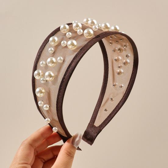 Widened Curved Hair Hoop, Breathable Mesh Base Headband with Imitation Pearls Decor, Anti-Slip Hemming Face Shaping Hair Accessory