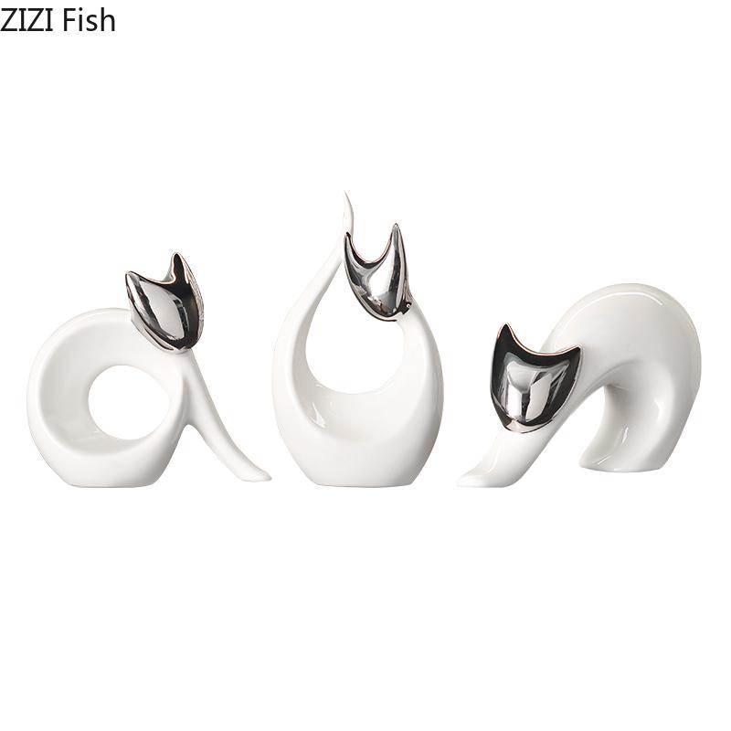 Sztuka Abstrakcyjna Ceramiczny Posążek Kotka Białe Ozdoby Zwierzęce Dekoracja Biurka Porcelanowa Rzeźba Kota Estetyka Wystroju Pomieszczenia