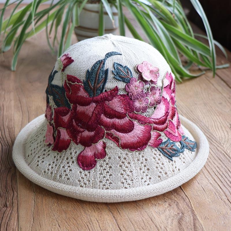 Vår og sommer etnisk vind broderi blomst sammenleggbar hatt dame strikkelue sandbøttehatt