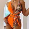 Deep V-neck Long Bandage Padded Sexy Monokini Women Snakeskin Patchwork Print