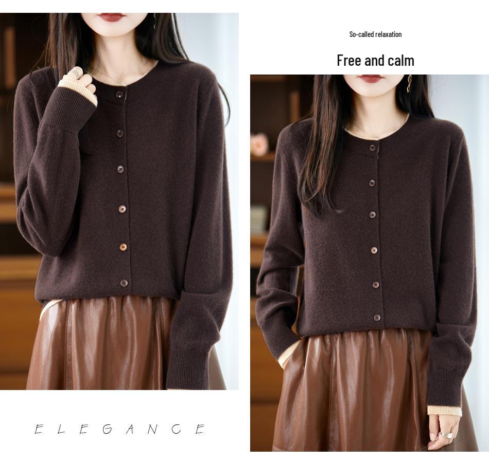 Women's Color Block Cashmere Wool Knit Cardigan Sweater - Loose Fit, Round Neck, Korean Style