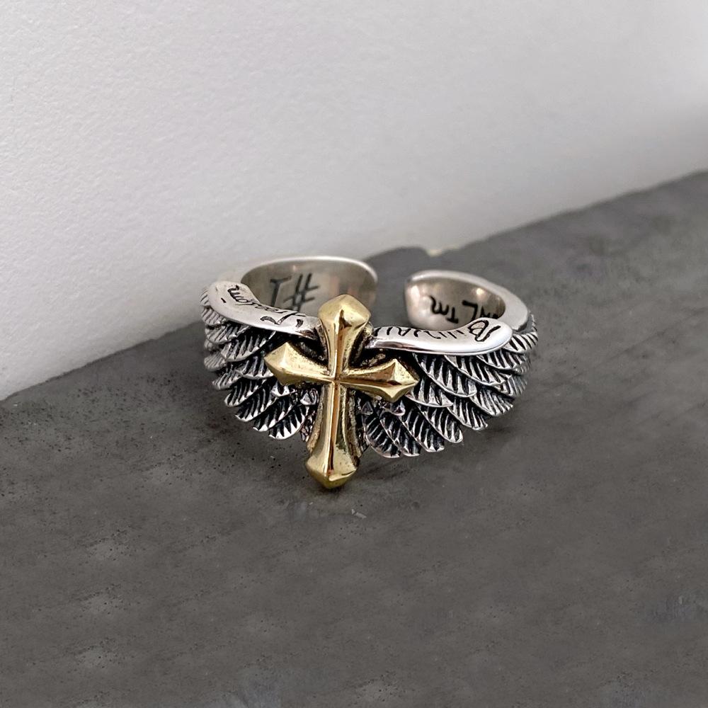 Vintage Thai Feather Ring Unisex Bold Wings Cross Graffiti Letter Open Ring