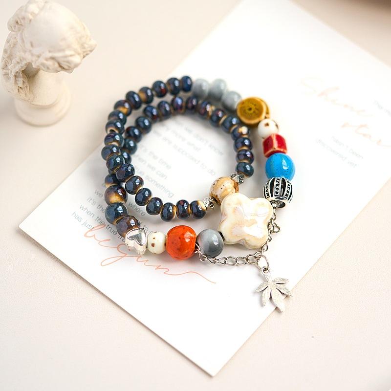 Jingdezhen Ceramic Bracelet New Chinese Style Student Antique Double Circle Beaded Bracelet Jewelry Hand-woven