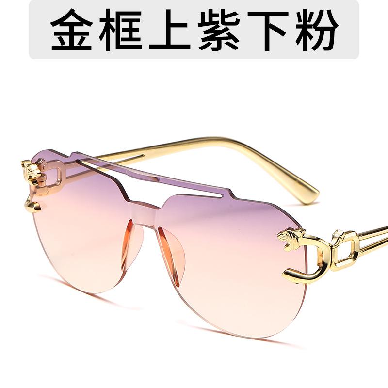 

New Fashion Rimless Sunglasses For Men Double Bridge Style Leopard Aviator Frame Oval Female Sunglasses Glasses For Women Uv400