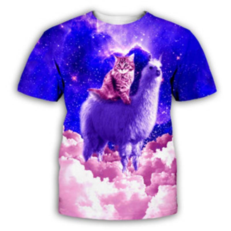 PLstar Cosmos DJ Pizza Katze T-Shirt Herren Damen Tier 3D T-Shirt Hip Hop Sommer Kurzarm Atmungsaktives T-Shirt Große Größen