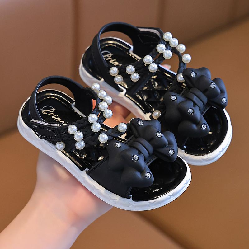 

New Summer Bow Pearl Ornament Flat Sandals For Girls Aged 1-7 Children Slippers Non-slip Outdoors Seabeach Flip Flops Kids Shoes 20 чорний