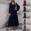 Damen Herbst Winter Unifarben V-Ausschnitt Lange Laternenärmel Gerafft Hoher Schlitz Maxikleid Lässig Partykleid Für Damen