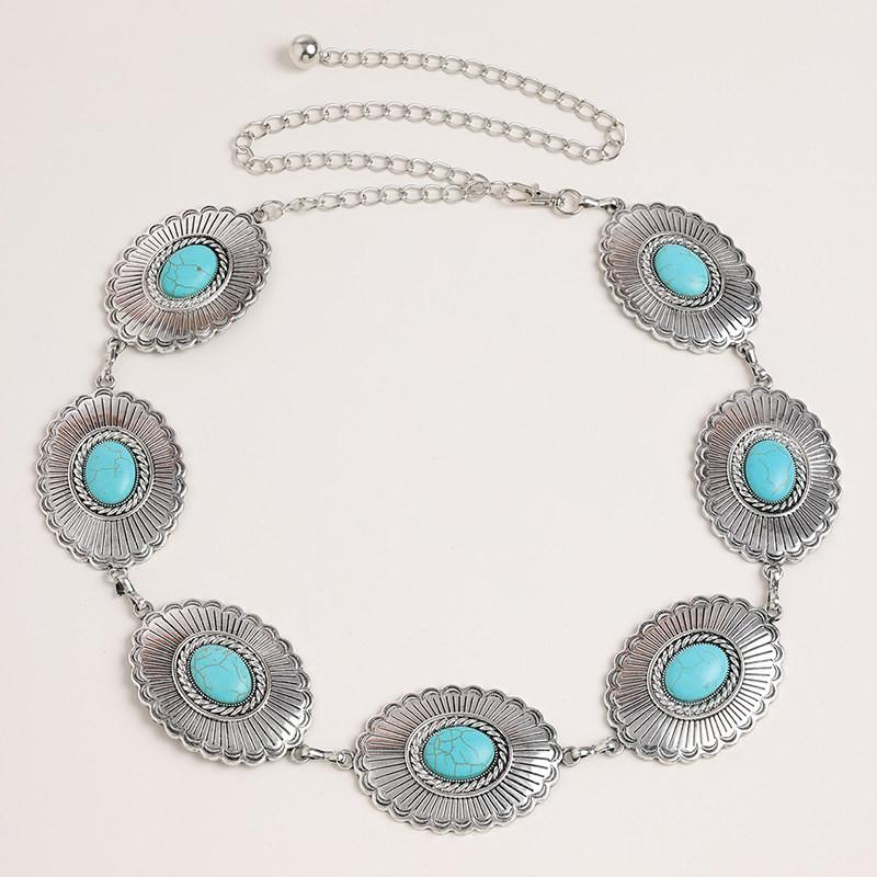 Bohemian Style Artificial Turquoise Metal Waist Chain With Vintage Finish For Women