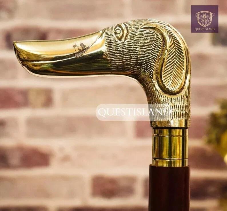 

Walking Stick Dog Head Handle Brass Wooden Victorian Foldable Cane Collectible золотой