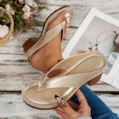 Fashion 2025 Summer New Women’s Flip Flops Slippers Outdoor Round Toe Chunky Heels Sewing Sandals for Plus Size Hot Sale Daily Slippers