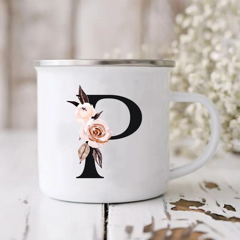 Initial Letter Print Mugs Enamel Creative Coffee Cups Drinks Wine Juice Milk Cup Vintage Home Office Handle Drinkware Best Gifts