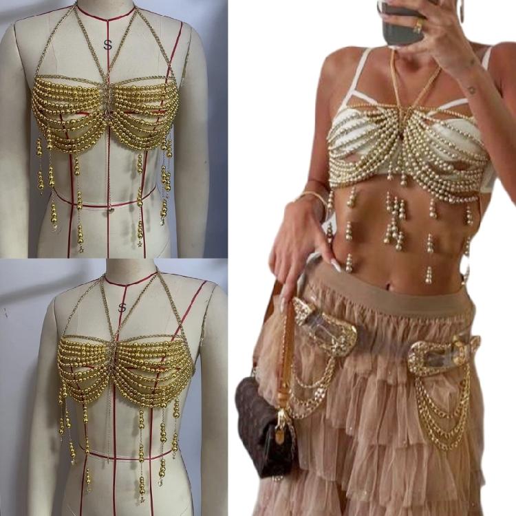 Beaded Body Chain Bra Multilayer Beads Chest Chains Body Accessories Jewelry for Women Girls Nightclub Raves Body Jewel
