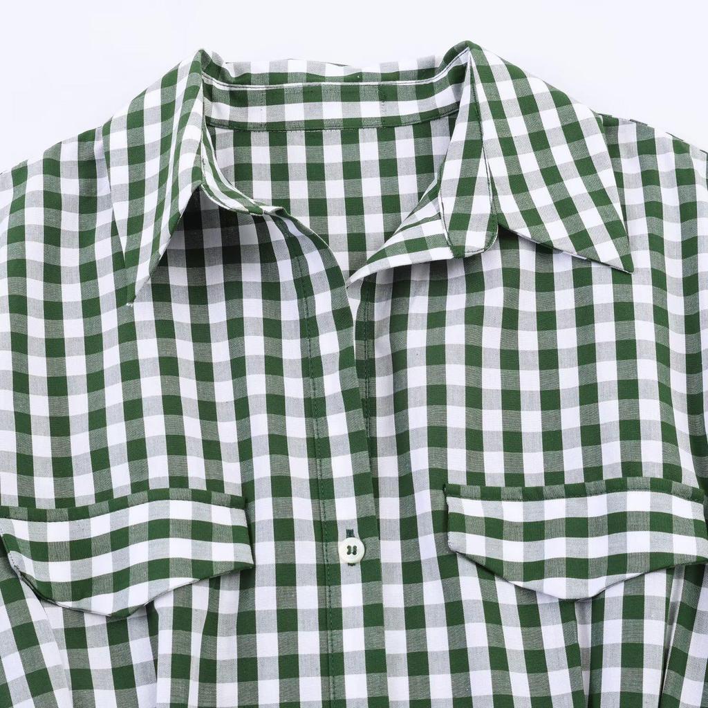Cross2026 Women's Spring European & American Style Plaid Shirt Dress with Waist-Cinching Design