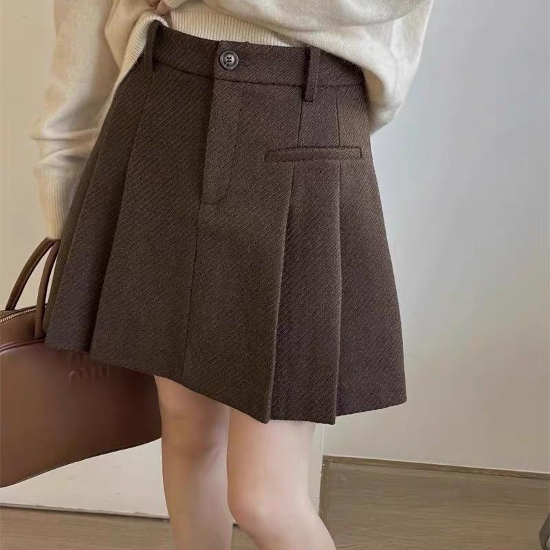 High Waist Pleated A-Line Wool Skirt - Women's Autumn/Winter, Anti-Exposure, Slimming Academy Style Mini Skirt.