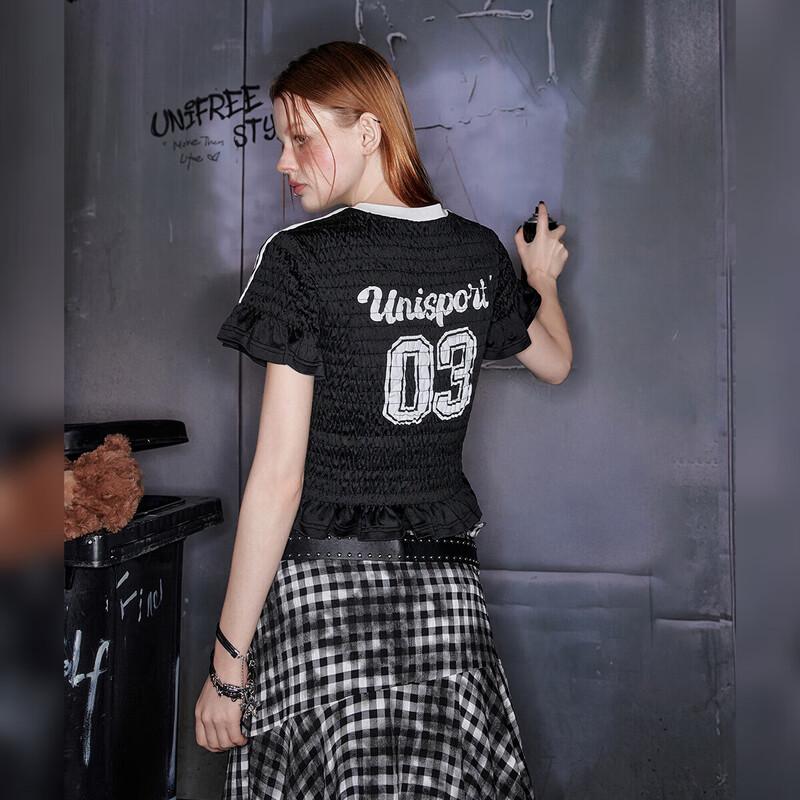 UNIFREE Women s American Retro Pleated Puff Sleeve T-Shirt M